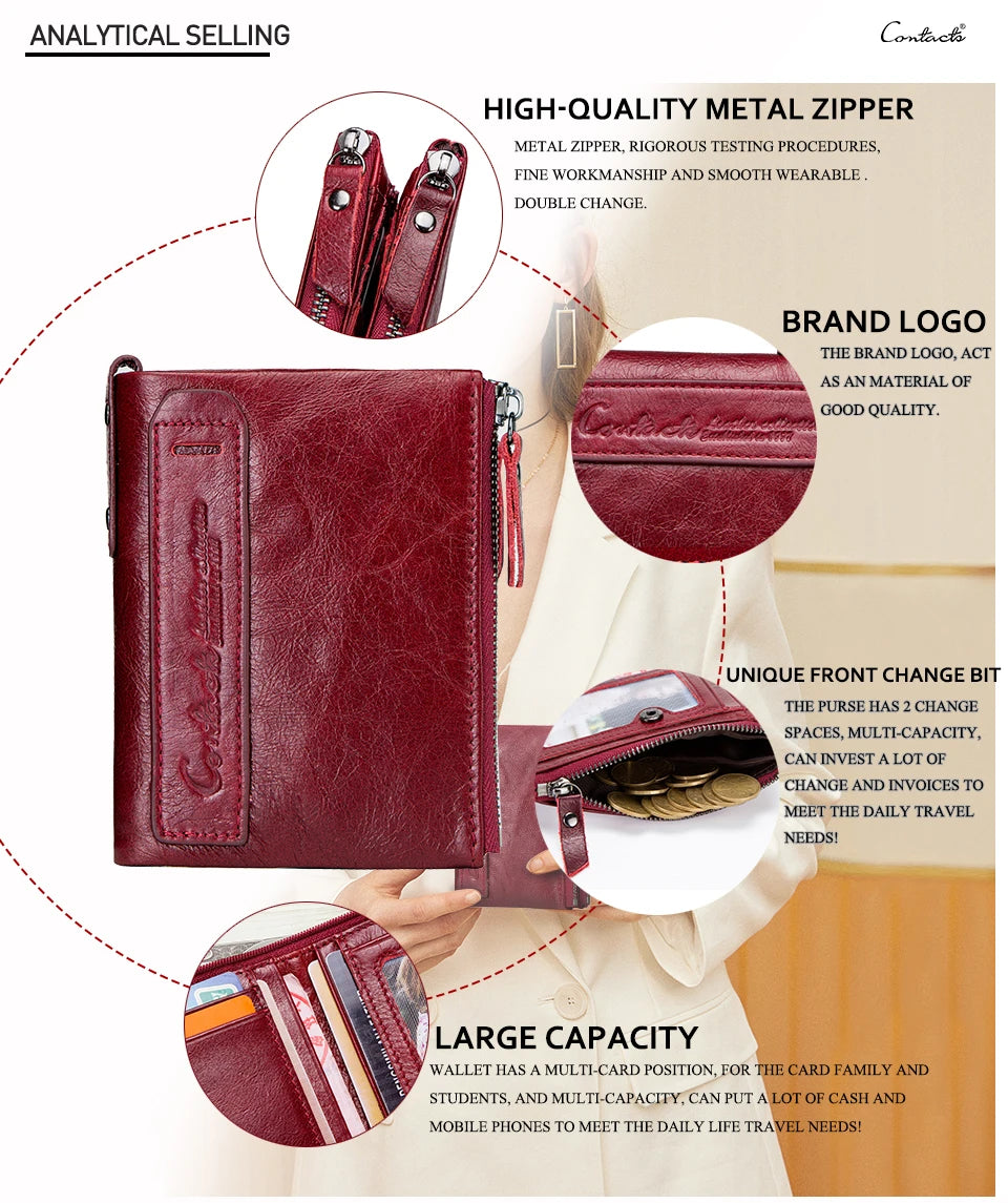 CONTACT'S Genuine Leather Short Wallets for Women Luxury Designer Coin Purse Female Money Clip Card Holder Customize Men Wallets.