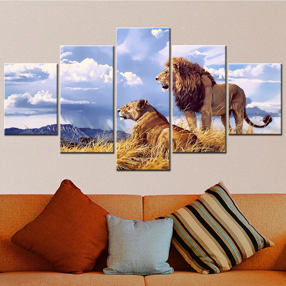 Lion and Lioness Scenery Wall Art Canvas Set Landscape Animal Painting for Interior Modular Bedroom Decoration Modern Home Decor.