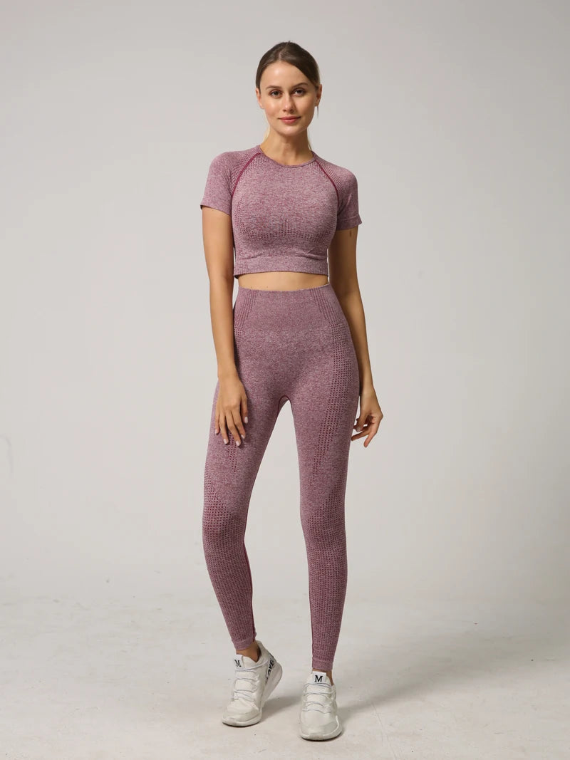 WAREBALL Seamless Yoga Set Women Workout Gym Clothes Fitness Short Sleeve Crop Top Shirt High Waist Leggings Pants Sports Suits.