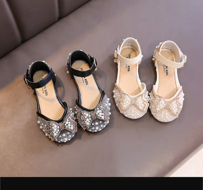 Girls Party Shoes Elegant Rhinestone Fashion Children's Leather Shoes Versatile Sweet Kids Princess Wedding Dress Flats Sandals.