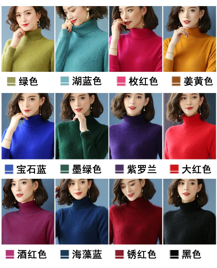 Herbst Winter 100% Nerz Kaschmir Pullover Frauen Strickwaren Pullover Dicke Warme Einfarbig Plus Größe Basis Hohe Revers Kleidung Tops.