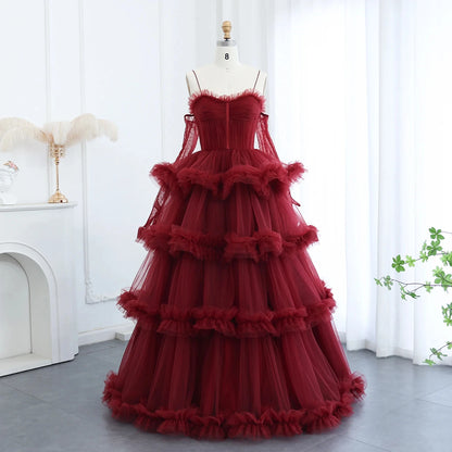 Arabic Burgundy Tulle Tiered Ruffles Evening Dresses With Gloves Pink Spaghetti Straps Wedding Party Gowns SF049-2