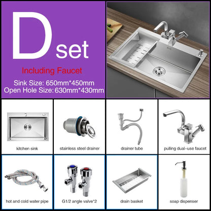 Kitchen sink lead-free austenitic handmade brushed 304 stainless steel 3mm thickness single bowl kitchen sink