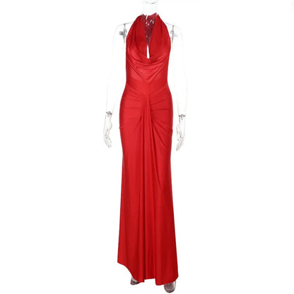 Sexy Swinging Collar Backless Pleated Long Dress Women Red Stain Sleeveless Draped Design Long Dress Club Party Women Maxi Dress