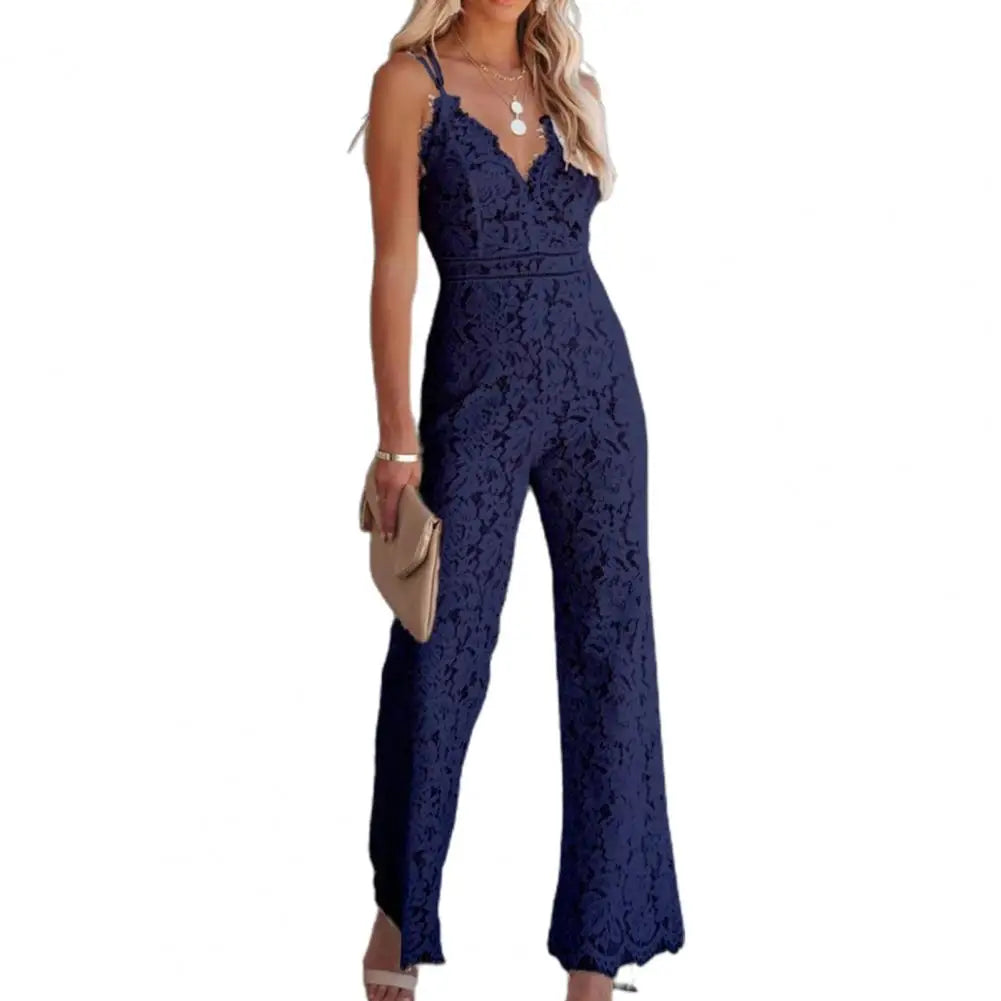 Solid Lace Jumpsuits Women Sleeveless Romper High Waist V-Neck Wide Leg Playsuits and Jumpsuit Women bodysuit Combinaison femme.