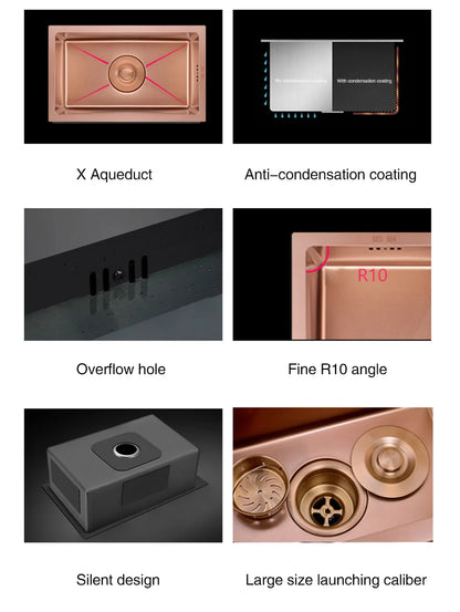 Rose Gold Kitchen Sink Nanometer Technology Gold 4mm thickness 304 Stainless Steel Manual Sink Single Bar Counter Kitchen Sink
