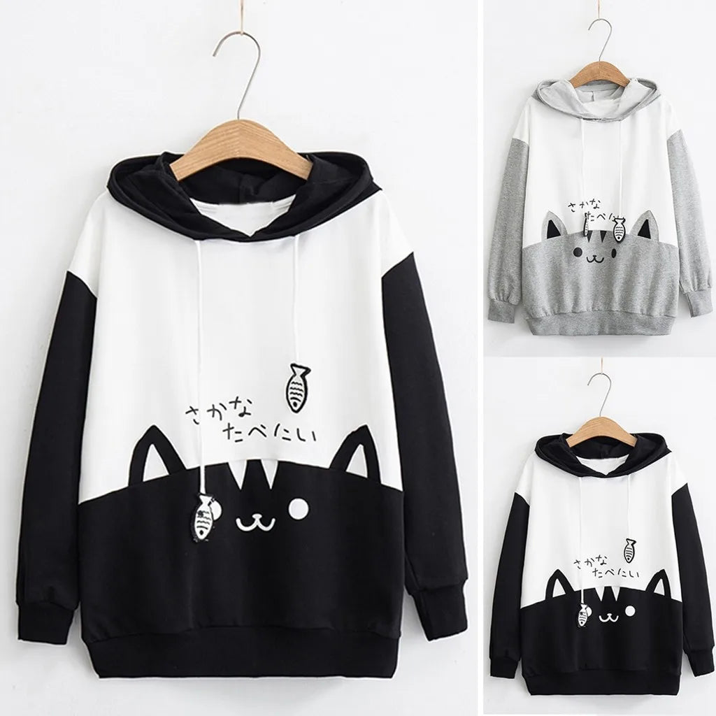 Spring Ladies Long Sleeve Cat Sweatshirt Womens Casual Kitty Cat Print Pocket Thin Hoodie Blouse Top Shirt худи женское платье.