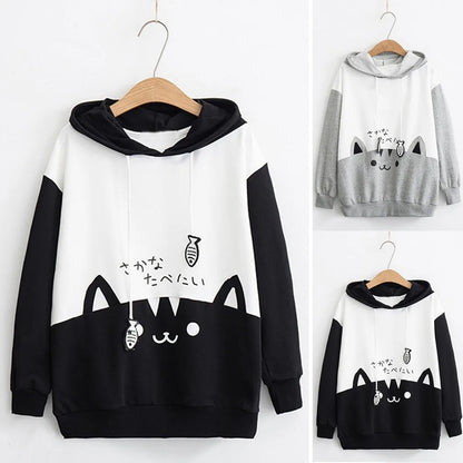 Spring Ladies Long Sleeve Cat Sweatshirt Womens Casual Kitty Cat Print Pocket Thin Hoodie Blouse Top Shirt худи женское платье.