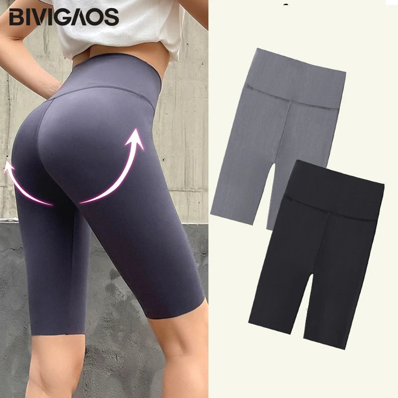BIVIGAOS Summer Sharkskin Fabric Biker Shorts Women's Thin Black Cycling Shorts Slim Skinny Sport High Waist Fitness Shorts.