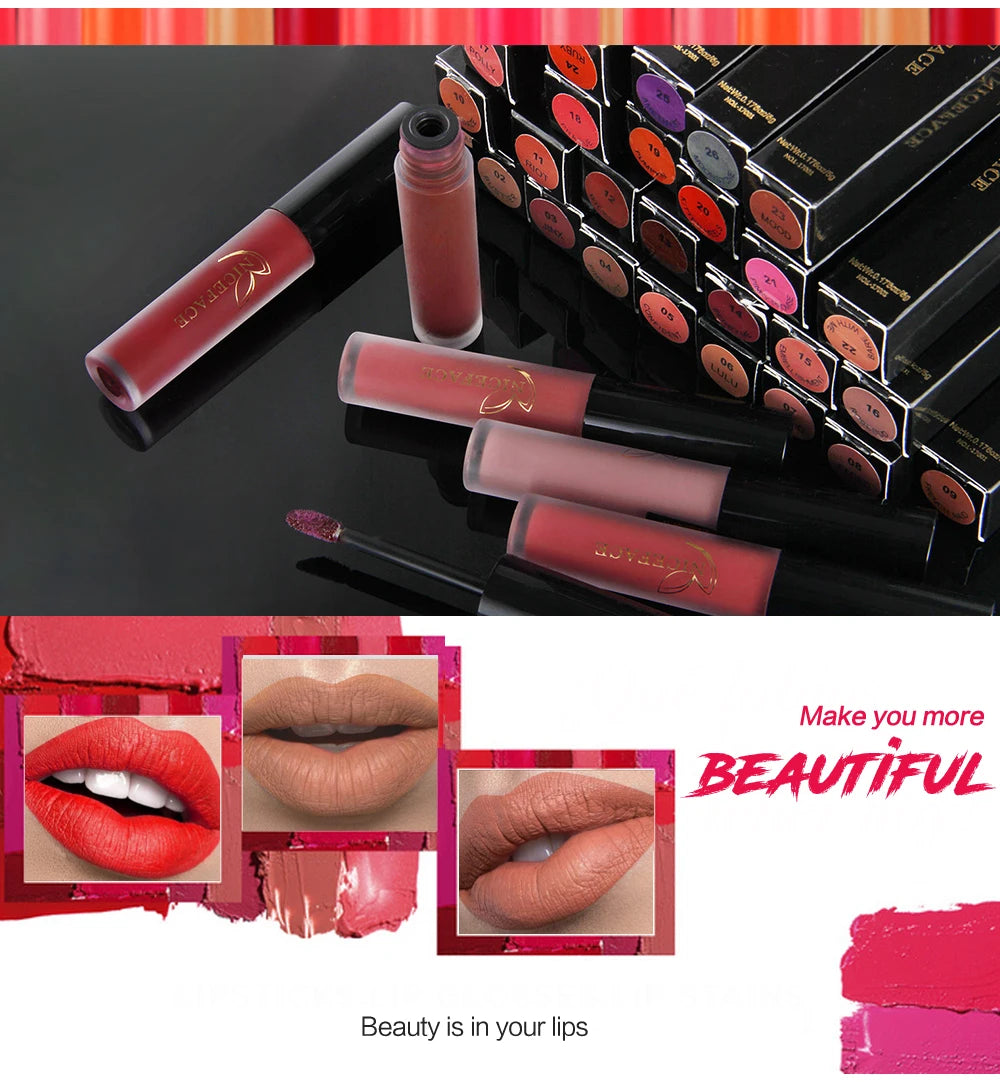 NICEFACE Matte Liquid Lipstick Waterproof Long Lasting Lip Gloss Tint Sexy Red Nude Purple Metallic Lipsticks Makeup Cosmetics.