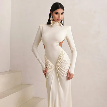 Sexy Backless Long Dress for Women Turtleneck Evening Party Ruched Dress Elegant Solid Long Sleeve Streetwear Maxi Dress 3472.
