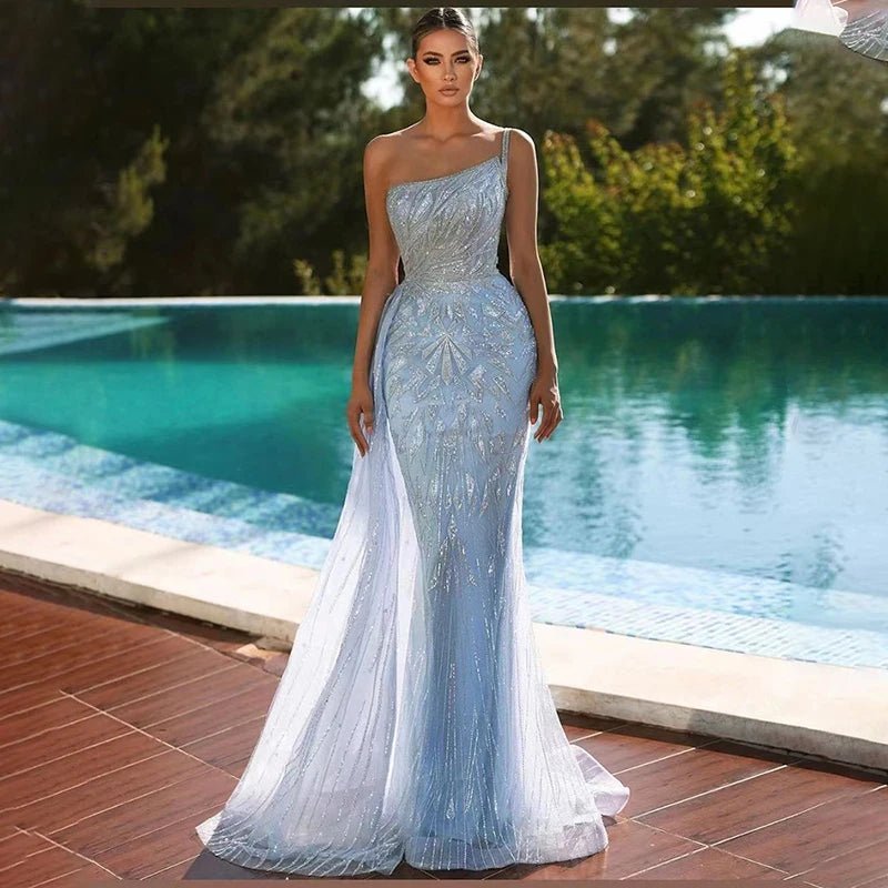 Jancember Best Sale Blue Sequined Mermaid Sequined Lace Fashion Elegant Off Shoulder Evening Dress.