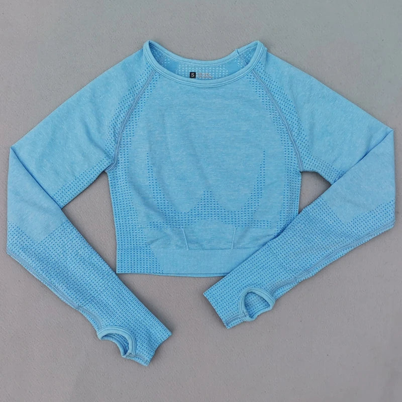 Seamless Yoga Crop Top For Women Long Sleeve Gym Workout Tops with Thumb Holes Sports Running Shirt Women Sportswear.