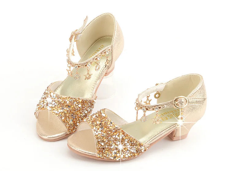 Girls Sandals Children Crystal Shoes 2023 Summer Kids Glitter Shoes High Heels Sequined Rhinestone Pendants Open Toes Princess.