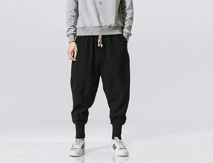 Cotton Linen Harem Pants Men Solid Elastic Waist Streetwear Joggers New Baggy Drop-crotch Pants Casual Trousers Men.