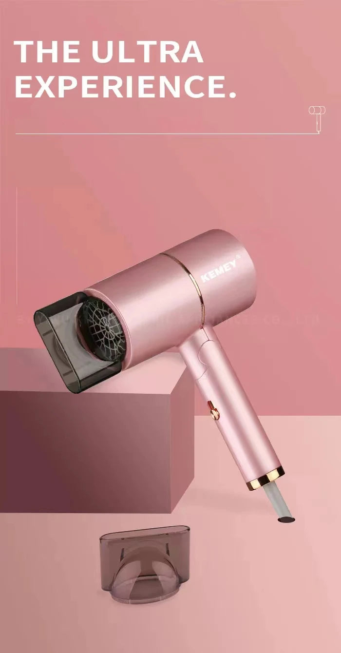 Kemei Professional Blow Dryer Negative Ion Smoother Hair Care Fast Drying Foldable Portable Pink Hair Dryer Home Travel Salon