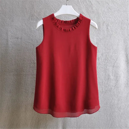 Woherb 21 Farben Feste Rüschen Chiffon Bluse Frauen 2025 Sommer Mode Weste Blusas Casual Lose Ärmellose Damen Tops Shirt