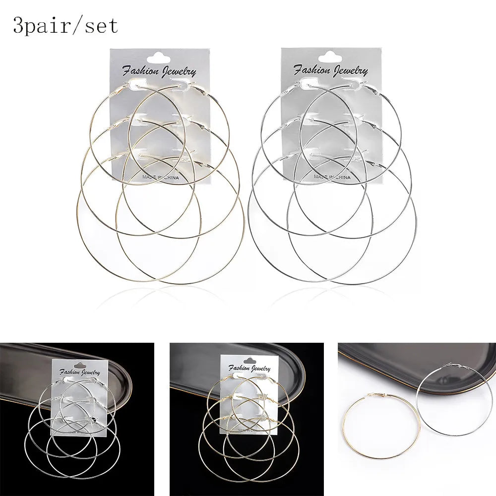 3pair/set Punk Hoop Earrings Set Big Circle Earrings Jewelry For Women Girls Steampunk Ear Clip Fashion Ear Ring Accessories New.