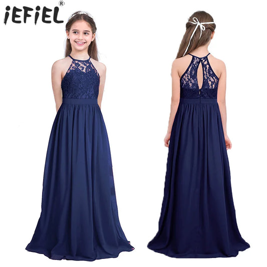 Sommer Mode Blume Mädchen Kleid Hochzeit Geburtstag Party Kinder Lange Kleid Vestido Elegante Halter Neck Floral Spitze Prinzessin Kleid