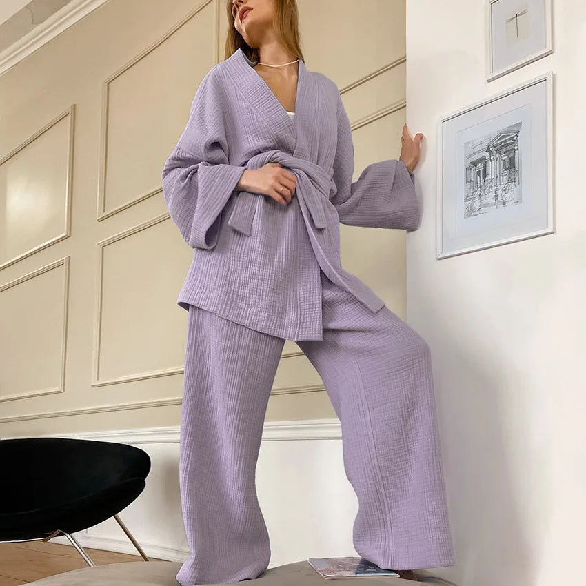 NHKDSASA Kimono Pajamas 2023 New 100% Cotton Crepe Long-Sleeved Trousers Ladies Sleepwear Suit Women's Home Service Mujer