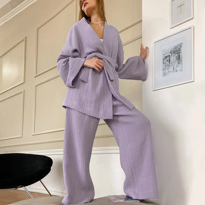 NHKDSASA Kimono Pajamas 2023 New 100% Cotton Crepe Long-Sleeved Trousers Ladies Sleepwear Suit Women's Home Service Mujer