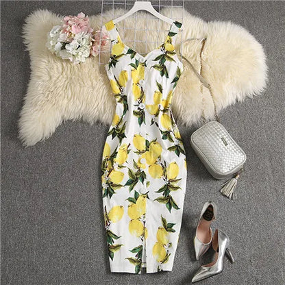 ALPHALMODA-Stretchy Tank-Kleid für Damen, schmales Baumwollkleid, einreihig, Blumendruck, elegant, Sommer, neu