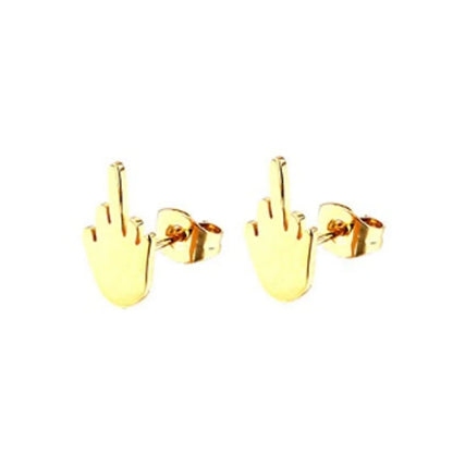 2Pcs Stainless Steel Black Middle Finger Up Women Men Ear Jewelry Studs Earring Punk Cool Gold Silver Plated.