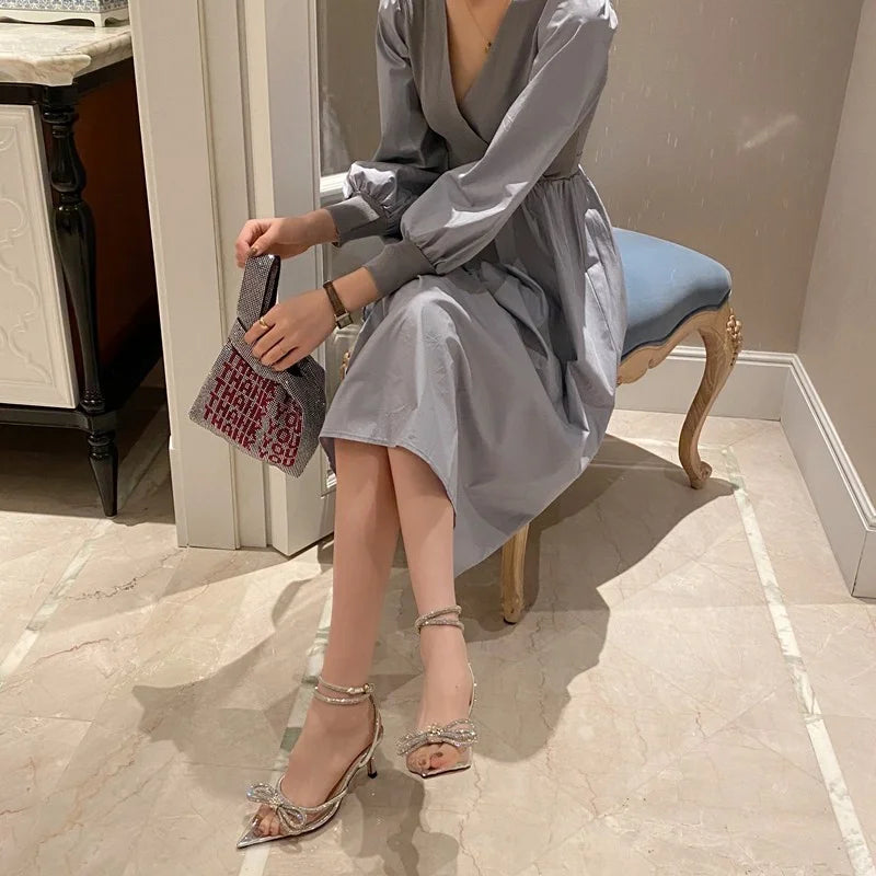 2025 New Fashion Glitter Rhinestones Women Pumps Crystal Bowknot Silk Pointed Toe Buckle Strap Thin High Heels Party Prom Shoes.