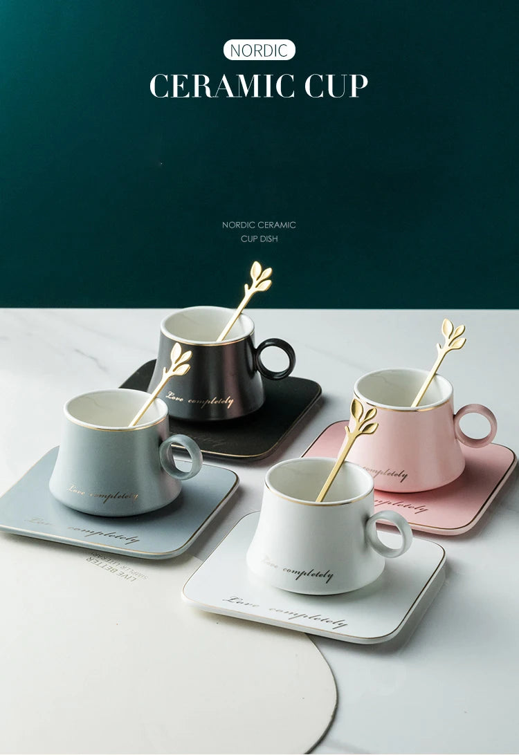 Nordic Ins Ceramic Mug Soy Milk Breakfast Condensed Coffee Tea Cup And Saucer Sets Gold Spoon Mugs Fashion Restaurant Snack Cups.