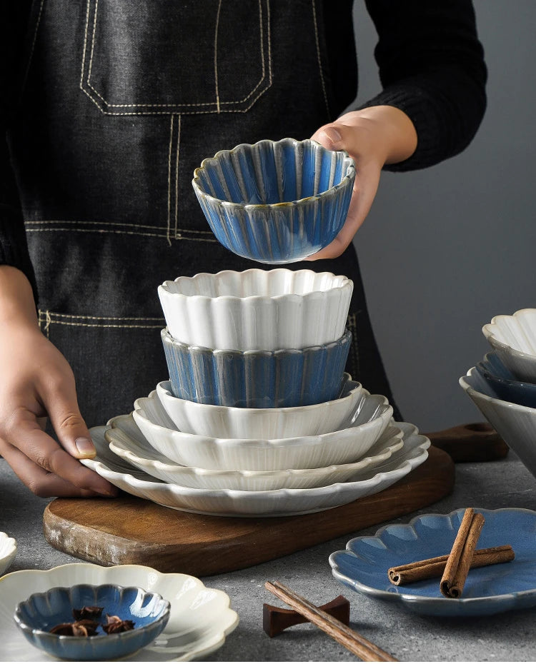 1pc Japanese Dinnerware Ceramic White Blue Dinner Plate Serving Dishes Rice Ramekin Sauce Bowl Microwave Safe.