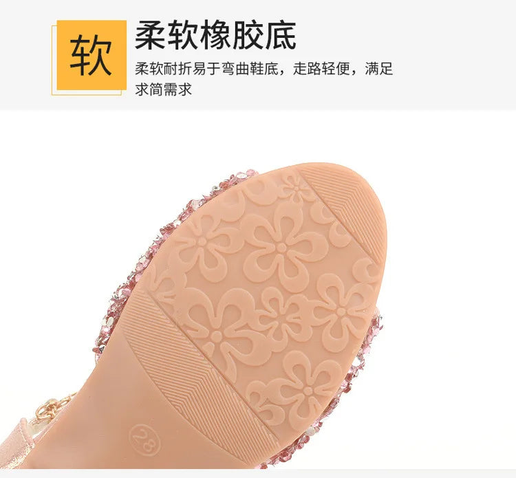 Girls Sandals Children Crystal Shoes 2023 Summer Kids Glitter Shoes High Heels Sequined Rhinestone Pendants Open Toes Princess.