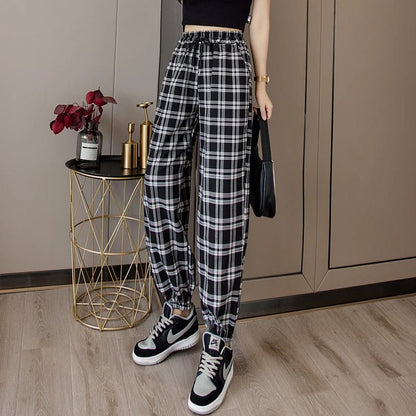 Hosen Frauen Neue Haufen füße Mode Lose Schwarz Plaid Sommer Harajuku Studenten Streetwear Harem Lange Hosen Frauen Chic.