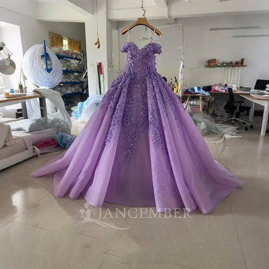 Purple Organza Girls Evening Dress Ball Gown Style Lace Crystal Embroidery Decorations Chapel Train for Parties Lsany24