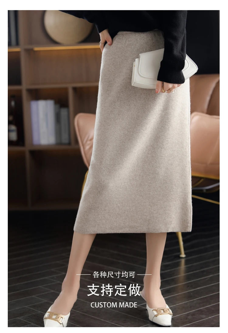 2024 Autumn Winter New 100%Pure Wool Knit Long Skirt Women Casual Thick Korean High Waist Pack Hip Cashmere Wild A-Line Skirt.