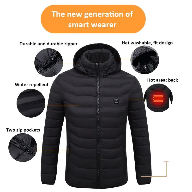 Men's parka Winter Warm USB Heating Jackets Smart Thermostat Pure Color Hooded Heated Clothing male bobojaco Warm padded jacket.