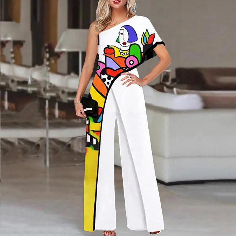 Colorful Ladies Face Print Slim Jumpsuits Summer Off Shoulder Diagonal Collar Sexy Rompers Women Loose Straight Wide Leg Pants.