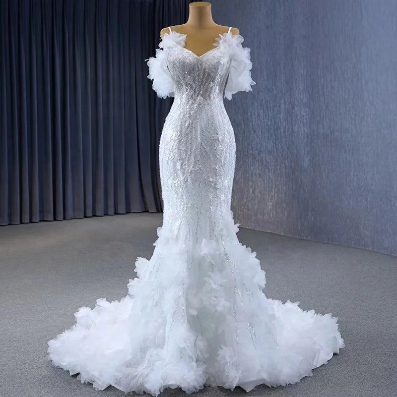 Jancember 231095 Feather Spaghetti Strap Beaded Mermaid Wedding Dresses.