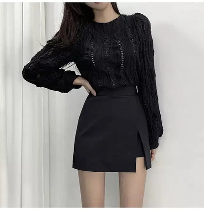 Mini Skirts Women Irregular Solid Side-slit Stretchy Korean Style Trendy Chic OL High Waist Female Bottom Popular Spring Autumn.