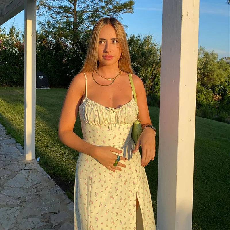 Hugcitar 2025, ärmellos, Satin, Slip, Blumenmuster, gerüscht, Bandage, Ausschnitt, Maxikleid, Frühling, Damenmode, sexy Party, Club, Robe Kpytomoa