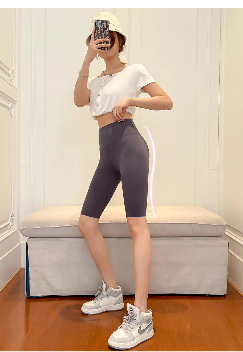 BIVIGAOS Summer Sharkskin Fabric Biker Shorts Women's Thin Black Cycling Shorts Slim Skinny Sport High Waist Fitness Shorts.