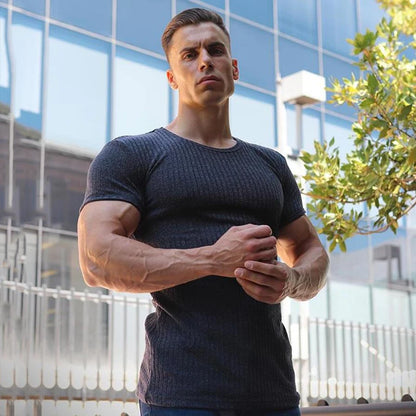 Men V Neck Short Sleeve T Shirt Fitness Slim Fit Sports Strips T-shirt Male Solid Fashion Tees Tops Summer Knitted Gym Clothing.