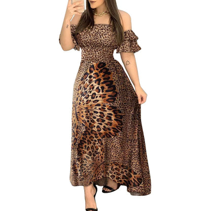 Boho Leopard Kleid Frauen Weg Schulter Rüschen Hülse Sommer Kleid Sexy Strappy Slash neck Vestido Lange Sommerkleid Party Kleider.