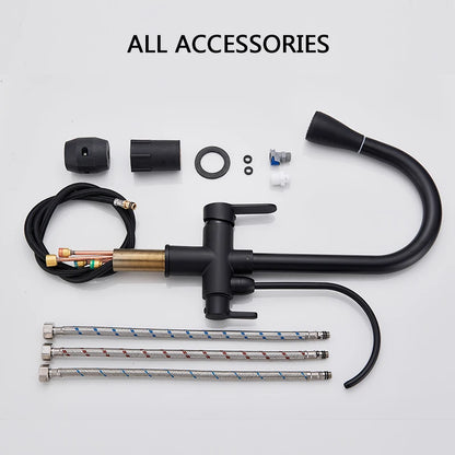 Purification Water Kitchen Faucet Black 360° Rotating Filter Water Faucets Pull Out Sprayer 3 Ways Hot Cold Water Mixer Tap