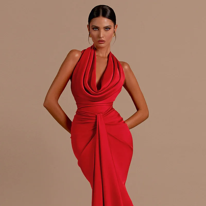 Sexy Swinging Collar Backless Pleated Long Dress Women Red Stain Sleeveless Draped Design Long Dress Club Party Women Maxi Dress