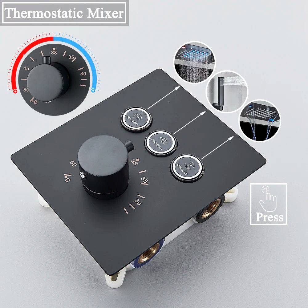 Thermostatic Mixers Bathroom Shower Faucet Set Led Rain Waterfall Bathtub Shower System Remote Control Colors Ceiling Mounted