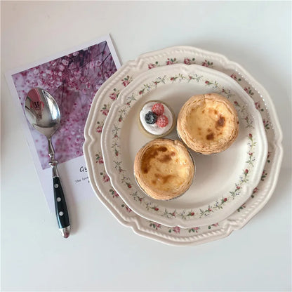 Ceramic Plate French Style Retro Floral Reliefs Food Plate Yogurt Salad Bowl Dessert Plate Dish Dinner Wedding Set Dinner Plates.