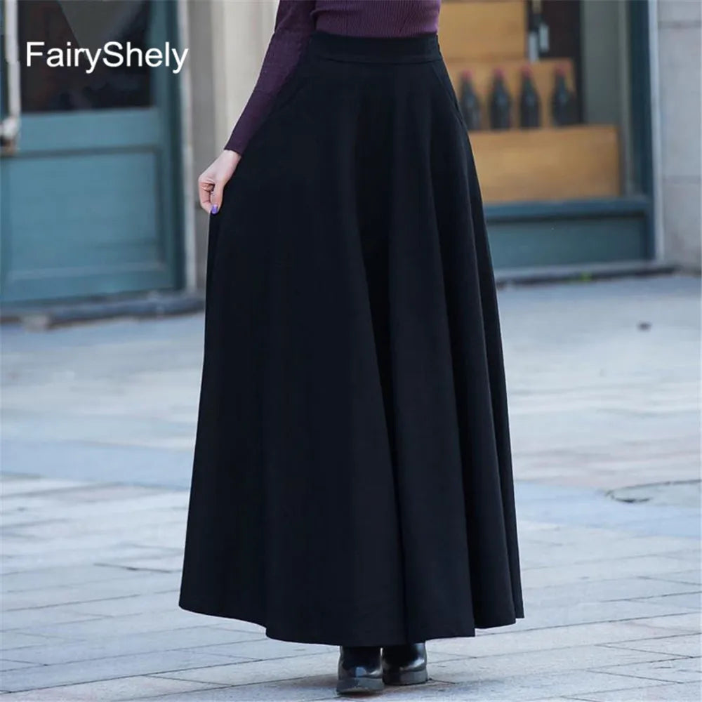 FairyShely 2025 Autumn Winter Retro High Waist Pleated Skirt Women Casual Pocket Woolen Maxi Skirt female Flare Red Long skirt.