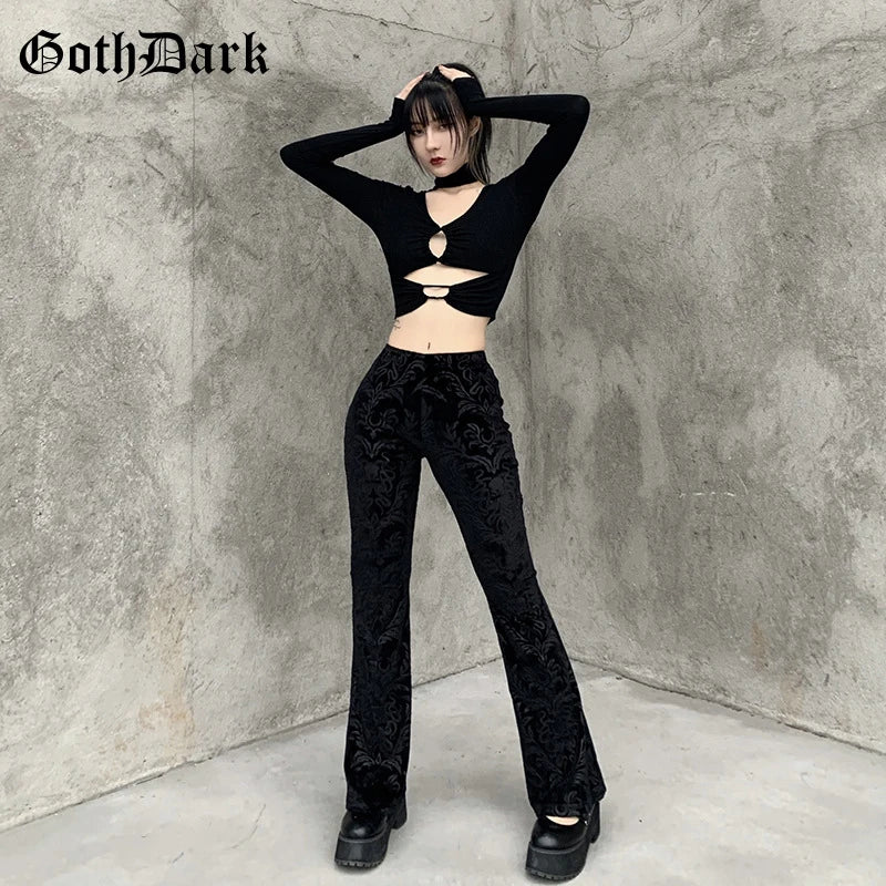Goth Dark Vintage Floral Scratched Mall Gothic Pants Velvet High Waist Skinny Flare Trousers for Women Streetwear Cyber Y2K Pant