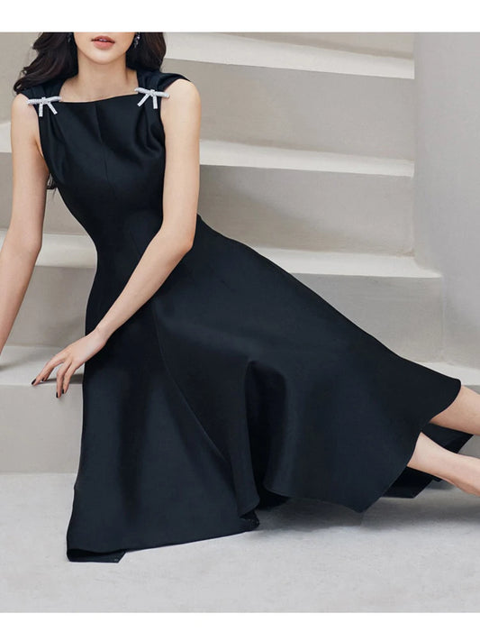 TWOTWINSTYLE Elegante Schwarz Kleid Für Frauen Quadrat Kragen Ärmellose Hohe Taille Solide Patchwork Bowknot Midi Kleider Weiblichen Stil