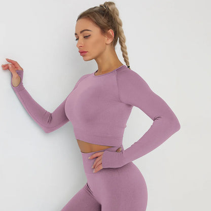 Seamless Athletic Crop Top Woman Sports T-shirts Yoga Top Knitted Shirt Long Sleeve Workout Tops For Women Fashion Gym Clothes